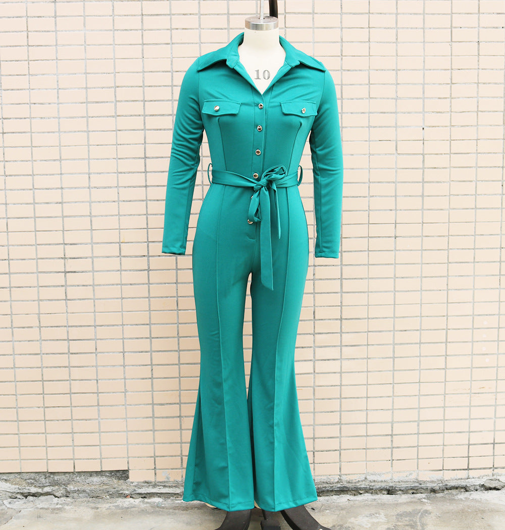 Women Turndown Collar Long Sleeve Bell-Bottom Jumpsuit 30