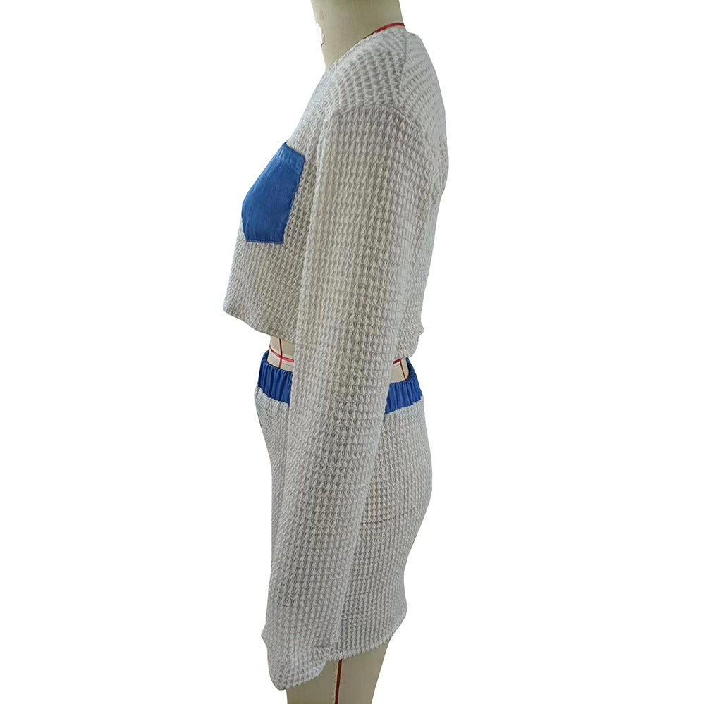Women Long Sleeve Patchwork Crop Top and Skirt Two-Piece Set 10