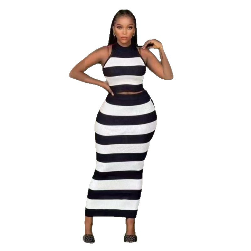 Striped Print Round Neck Sleeveless Top & Tight-Fitting Bodycon Skirt Casual Two-Piece Set 6