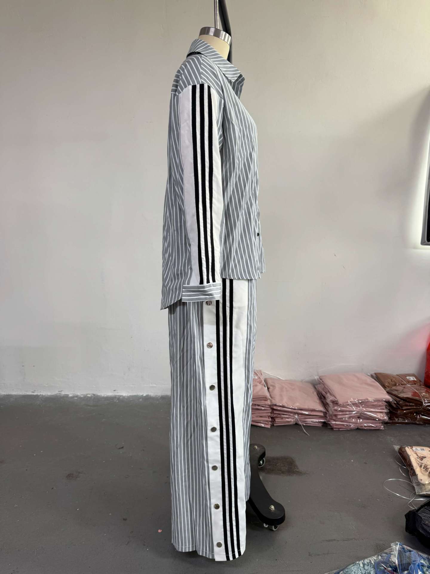 Women summer Turndown Collar striped long-sleeved shirt wide-leg pants Casual two-piece set 8