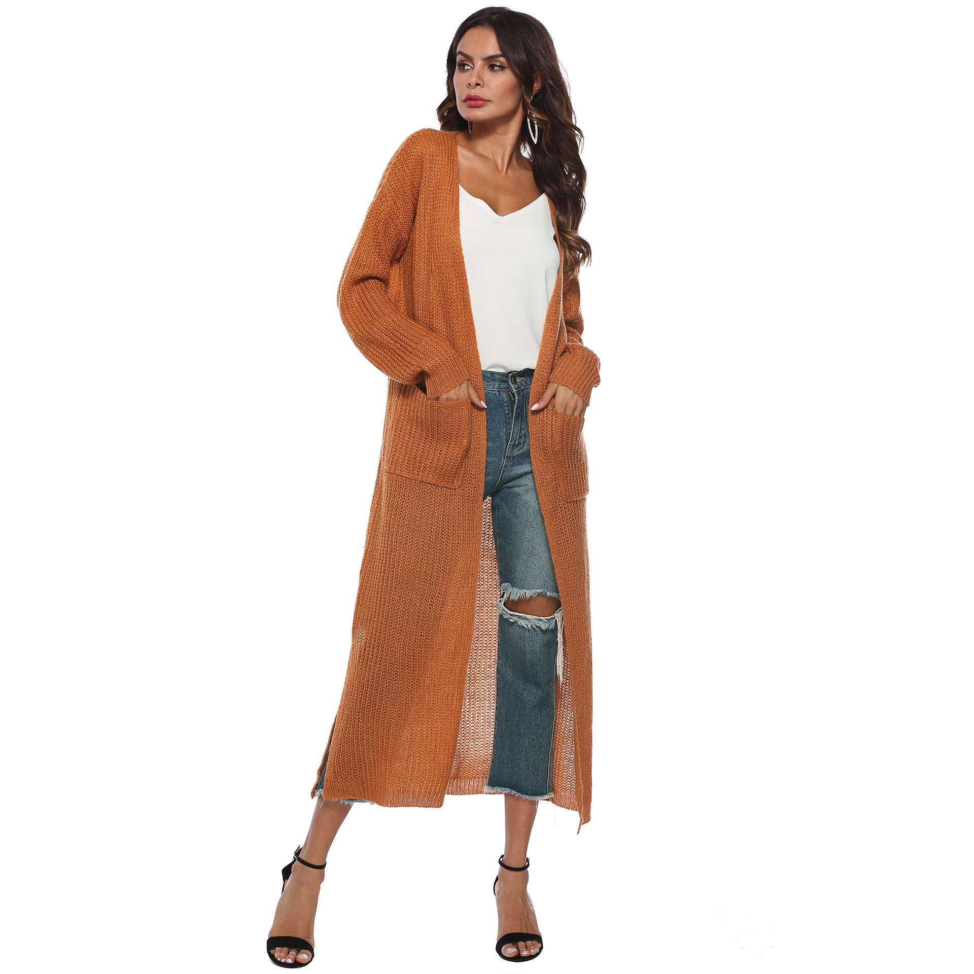 Women thin long coat with large pockets and slits 13