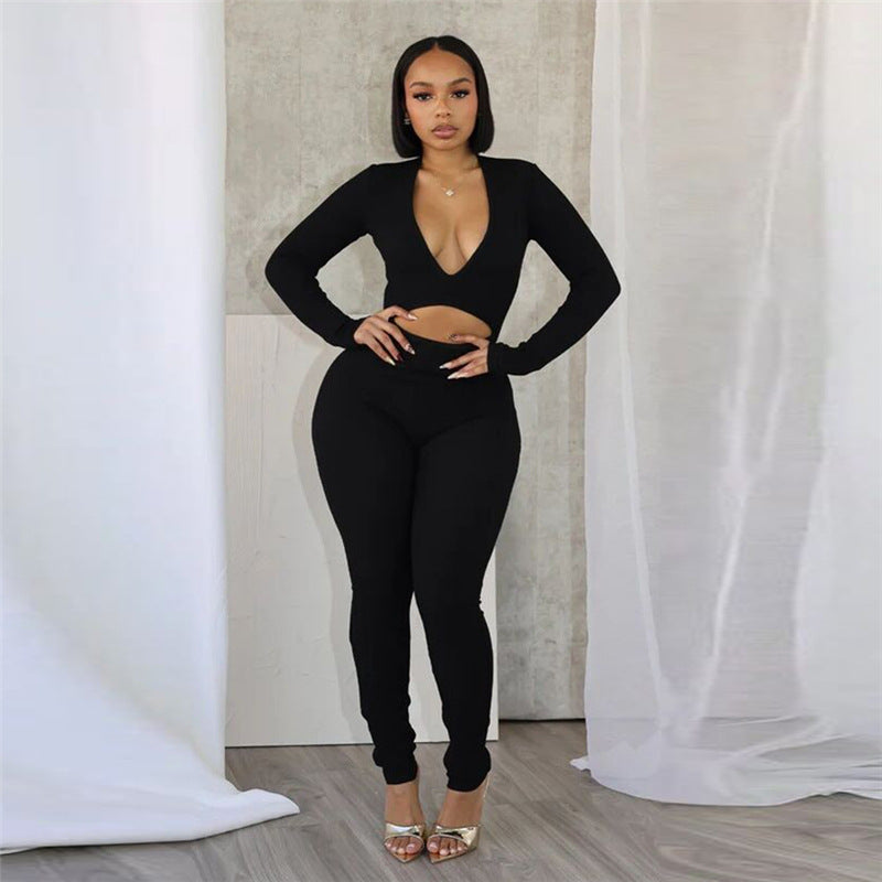 Autumn And Winter Sexy Deep V-Neck Hollow Tight Fitting Long-Sleeved Solid Color Sports Jumpsuit 4