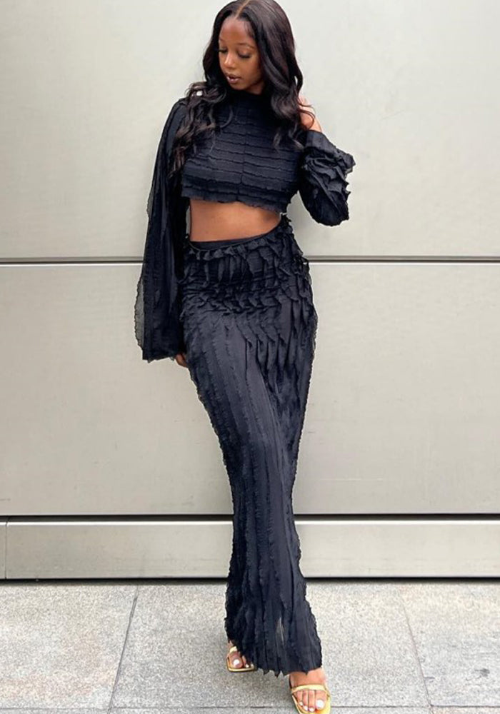 Women Fall Solid Round Neck Long Sleeve Crop Top and Skirt Two-Piece Set