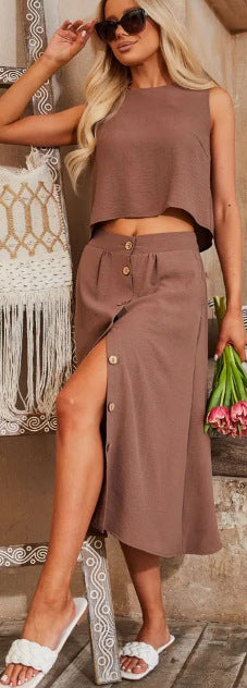 Women Casual Solid Round Neck Top and Skirt Two Piece Set 33