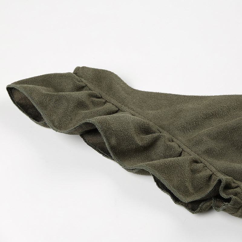 Vintage Olive Green Ruffled Patchwork Flying Sleeve Dress Chic V-Neck Slim Waist  A-Line Long Dress 12