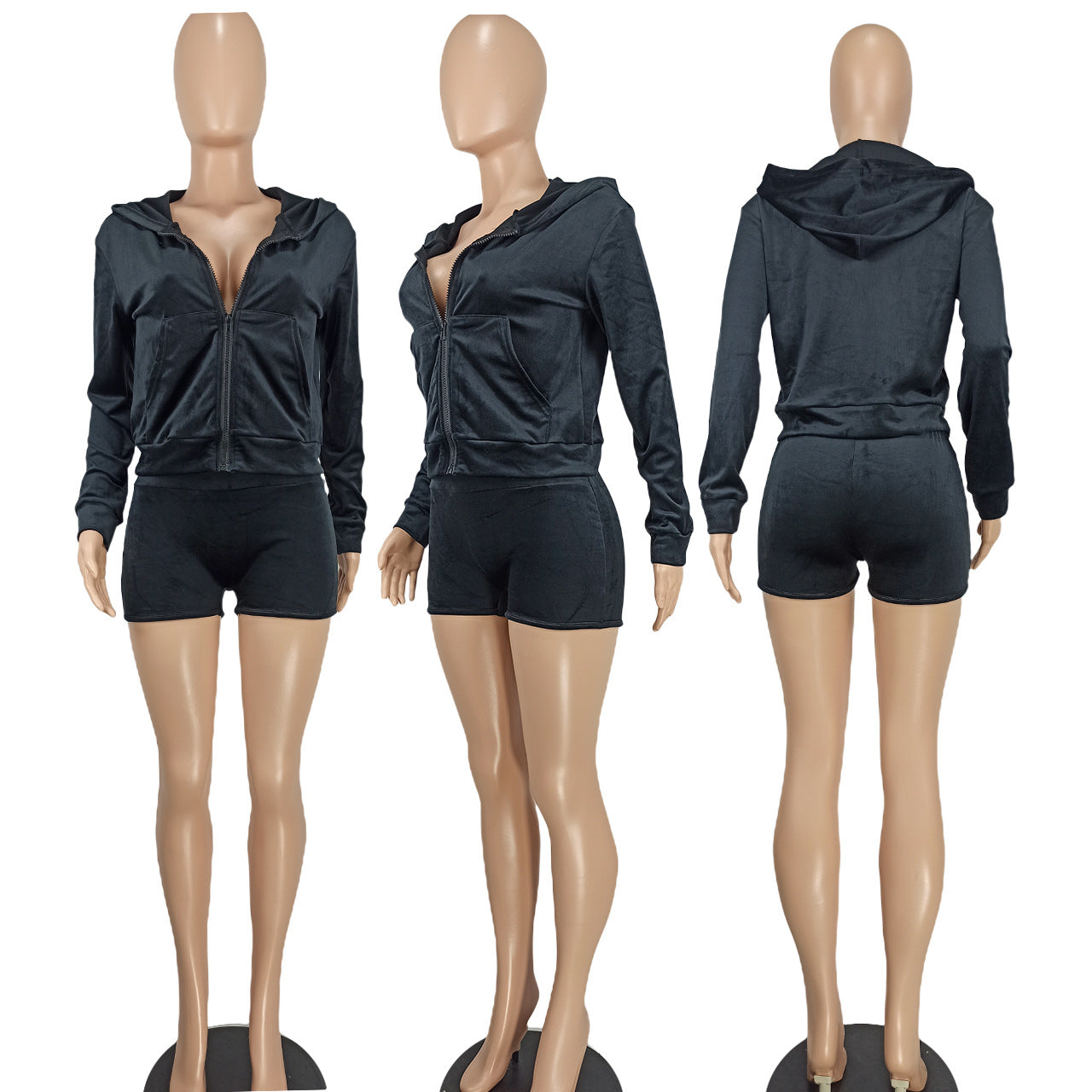 Women's Fashion Casual Solid Velvet Hooded Two-Piece Shorts Set 13