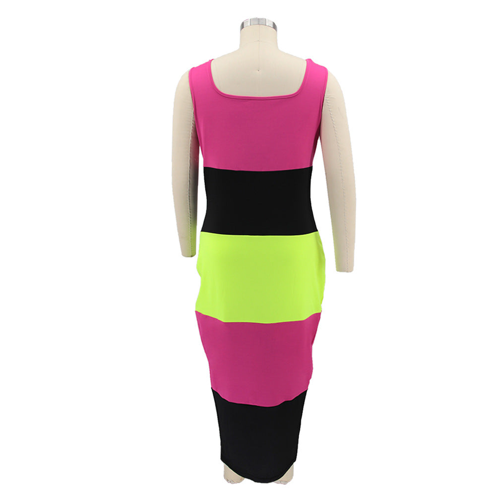 Multicolor Patchwork Plus Size U Neck Strappy Women's Sleeveless Long Dress 6