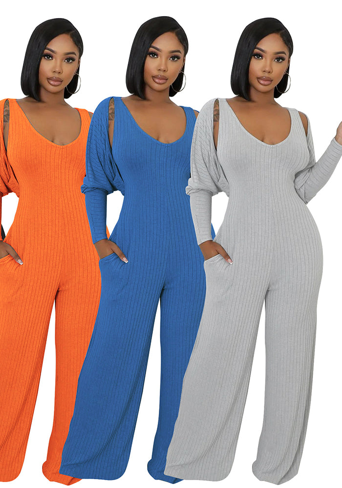 Women’s Fashion Ribbed High-Stretch Cape Top Sleeveless Jumpsuit Set