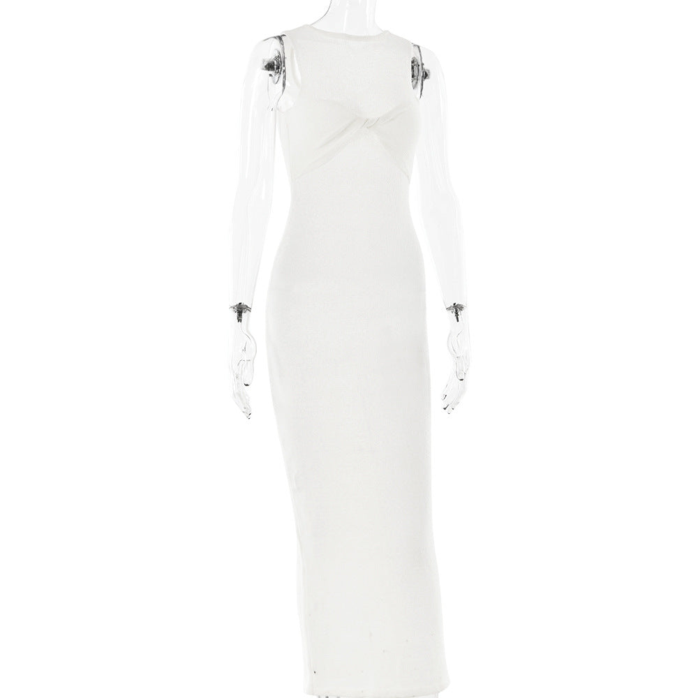 Spring And Summer Sexy And Fashionable Sleeveless Knitting Knot Round Neck Slim Long Dress 11