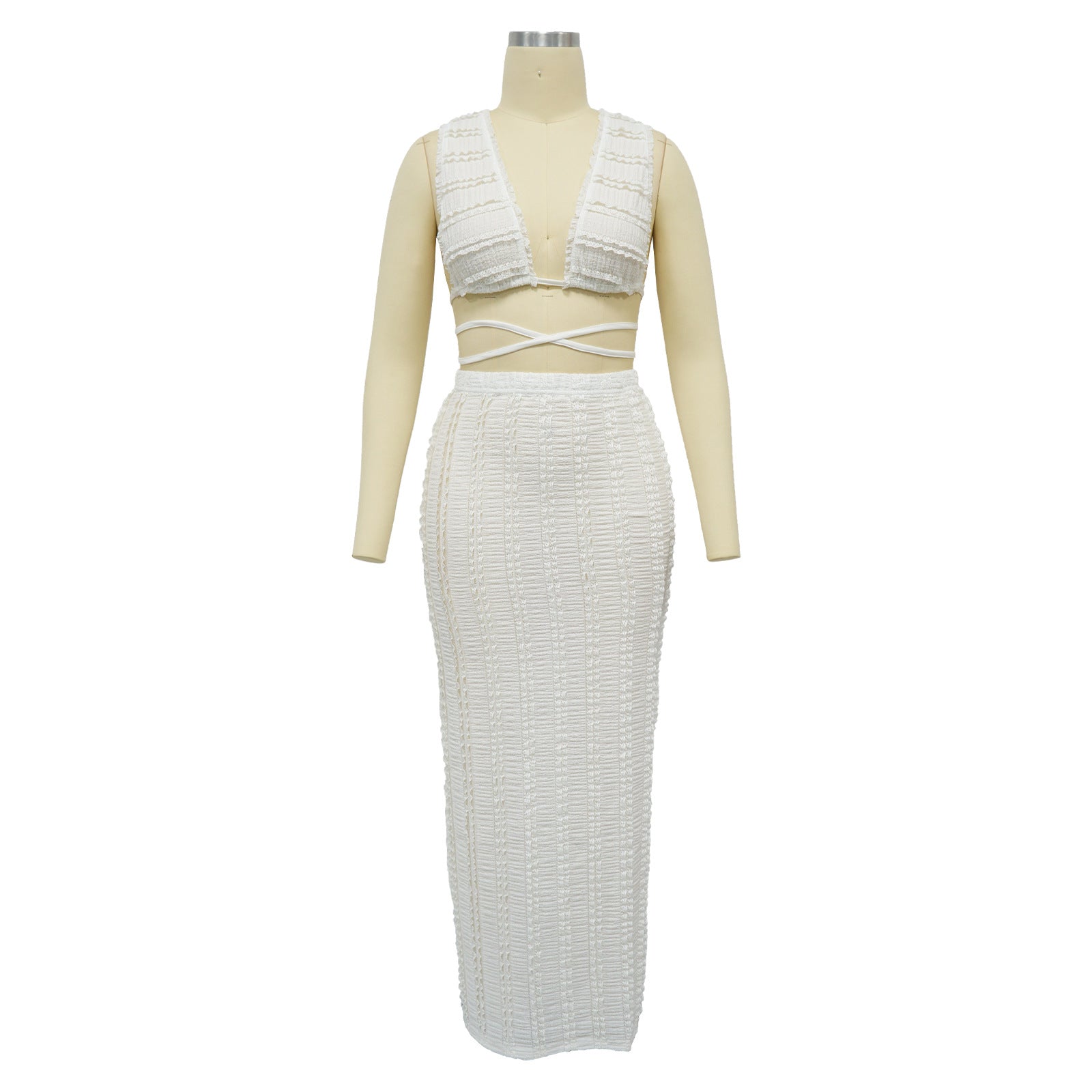 Summer Women Cow Shutter Lace Sleeveless Lace Backless Skirt Two-piece Set 9