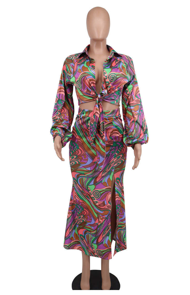 Fashion Spring Casual Print Long Sleeve Two-Piece Women'S Skirt Set 8