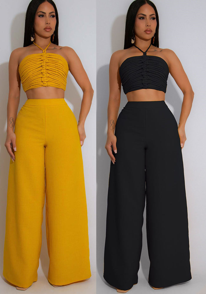 Halter Drawstring Top High-Waist Side-Zipper Loose Pants Two-Piece Set