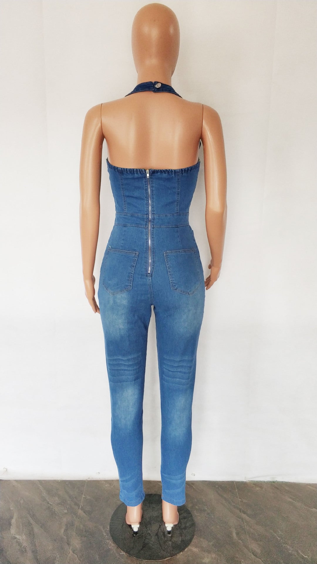 Women Slim Sleeveless Halter Neck Denim Jumpsuit 7