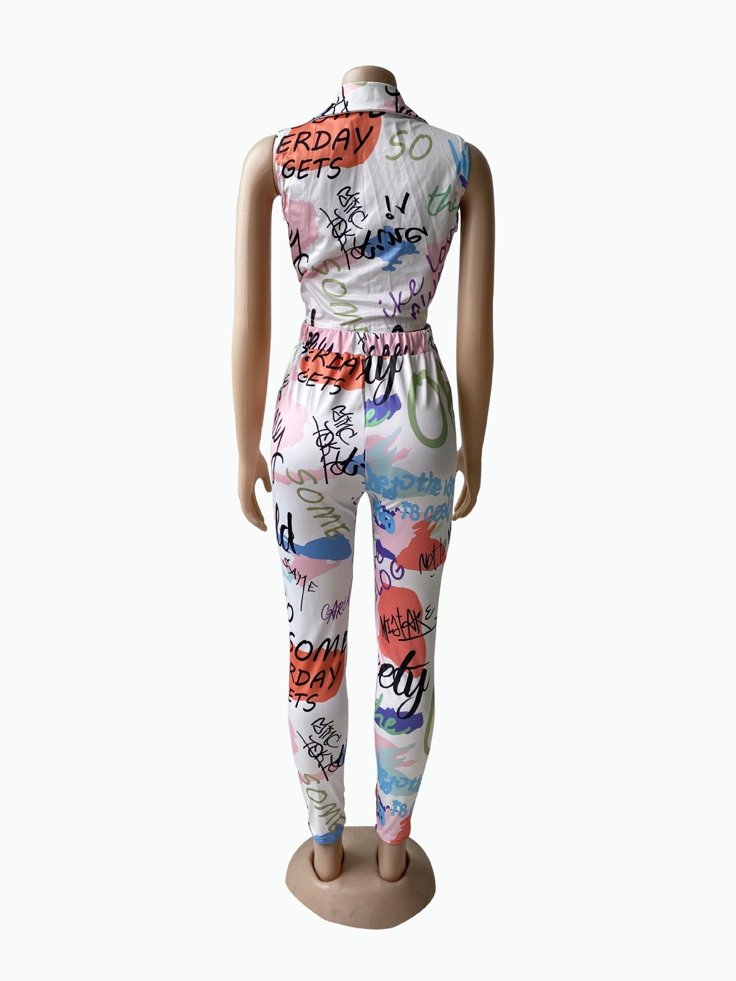 Women 2-Piece Set Turndown Collar Sleeveless Top and Printed Multi-Color Long Pants Two-Piece Set 7