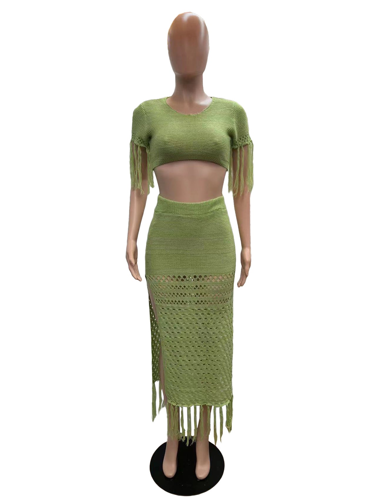 Women Knitting Hollow Tassel Sexy Top and Long Skirt Two-piece Set 5