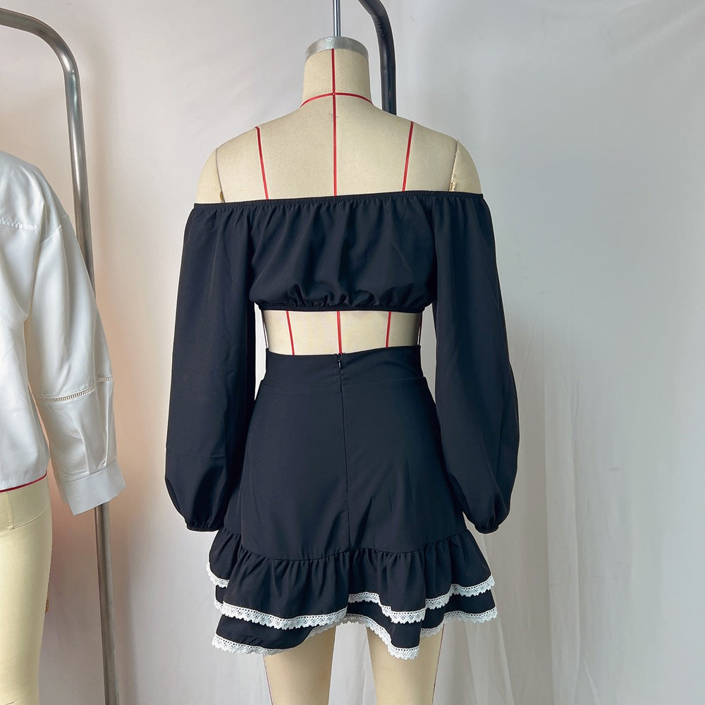 Women's Off Shoulder Crop Tie Puff Sleeve Top & Skirt Set 8