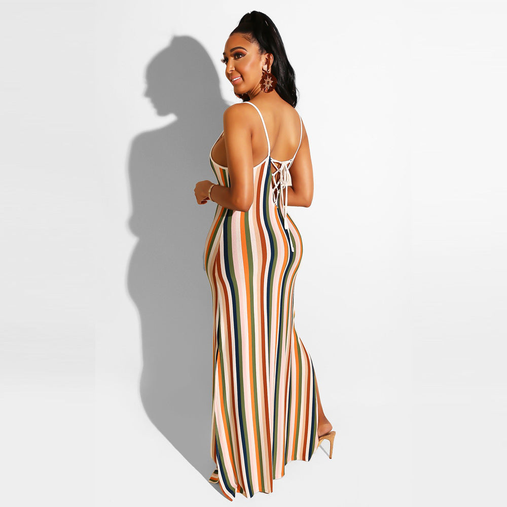 Women sexy striped Backless suspender slit dress 4