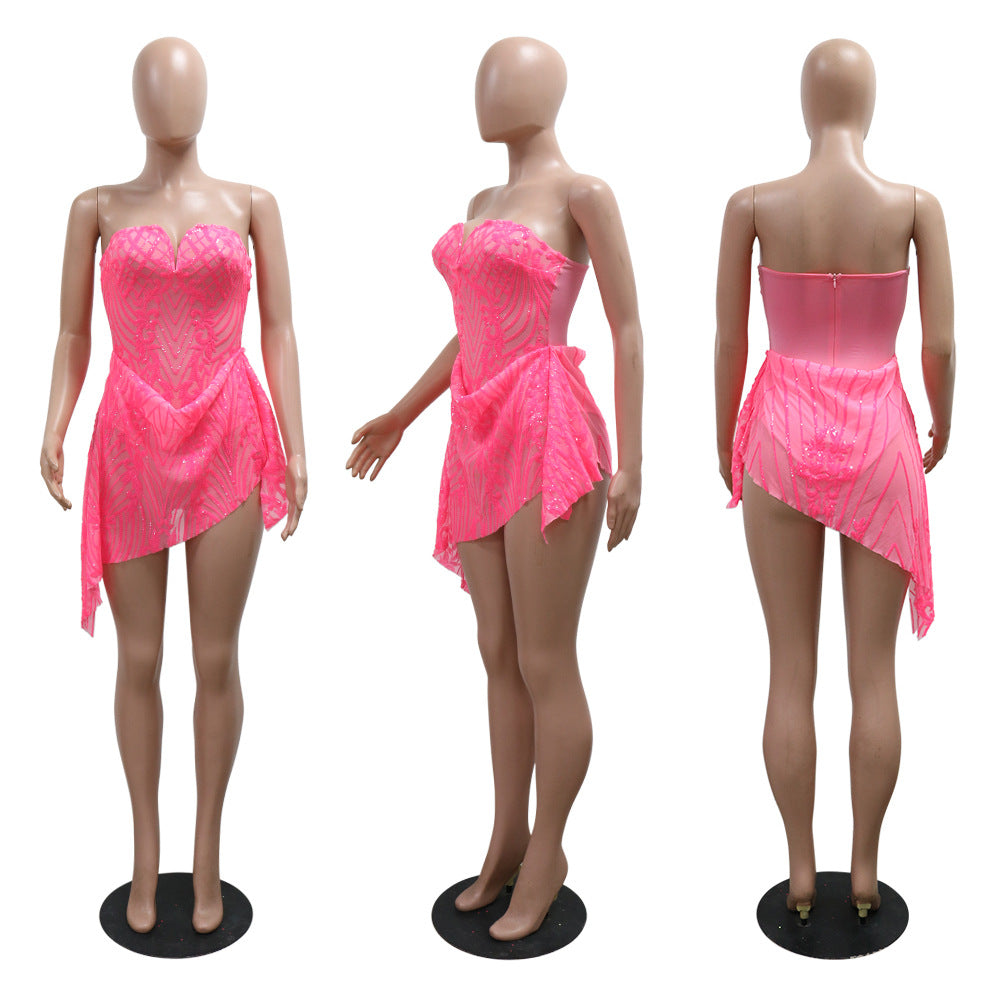 Women Sexy V-Neck Strapless See-Through Sequined Irregular Mini Dress 11