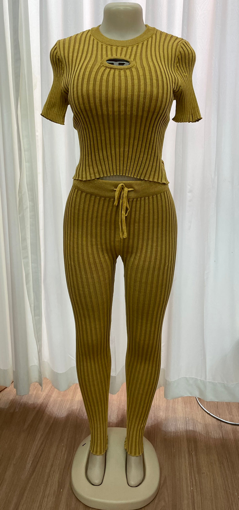 knitting hollow short sleeve High Waist Slim two piece Pants Set 6