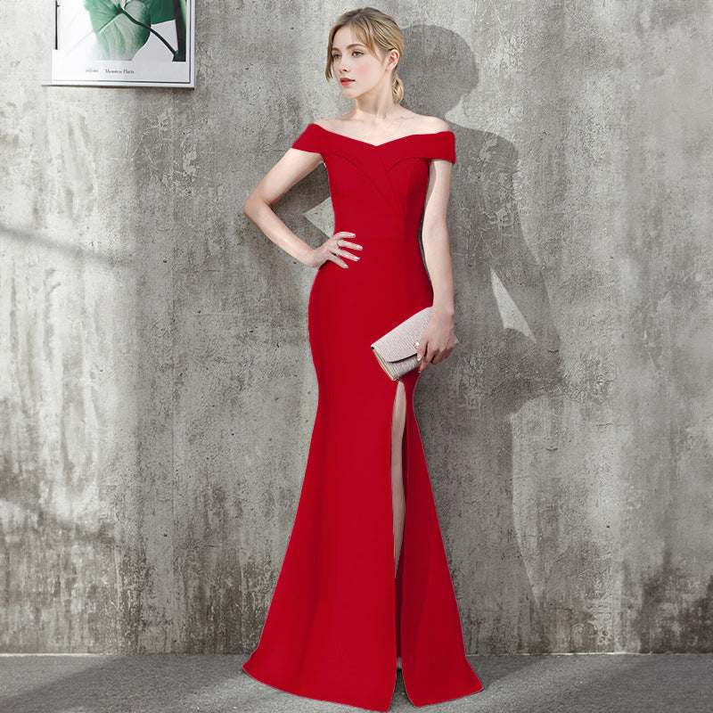 female bride Evening dress Off Shoulder Slim Fit Chic Formal Party dinner long fishtail dress 14