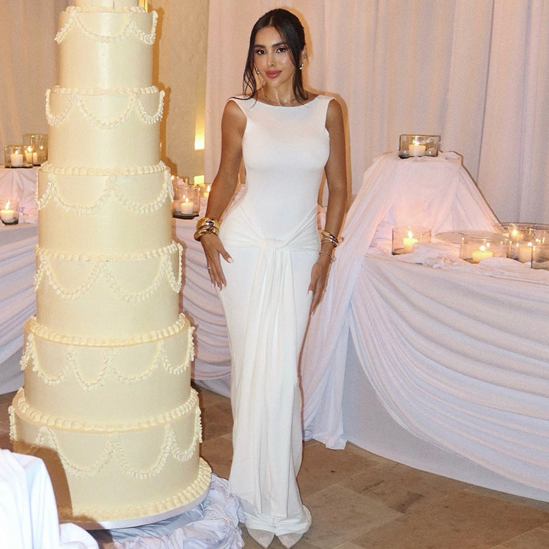 Autumn Fashion Solid Color Chic Slim Ribbon Low Back Women's Sexy Bodycon Dress 9