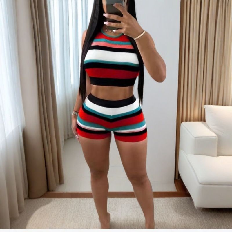 Women spring and autumn knitting striped vest and shorts two-piece set
