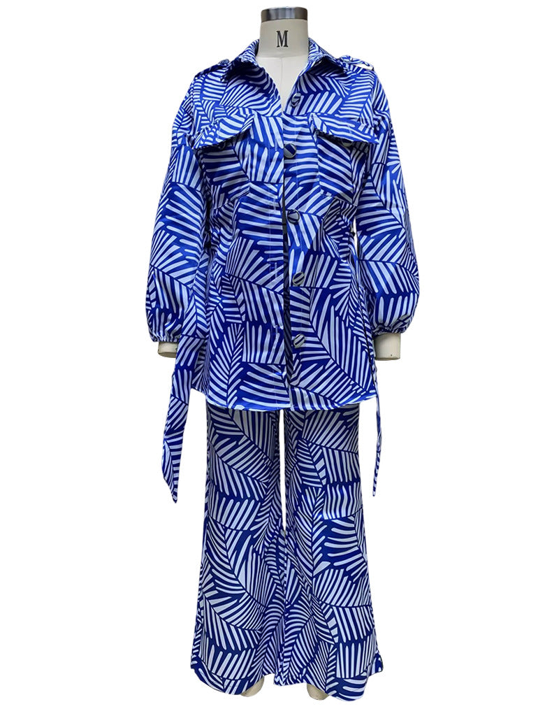 Spring Women's Printed Blouse Belt Button Top Straight Leg Trousers Set 10