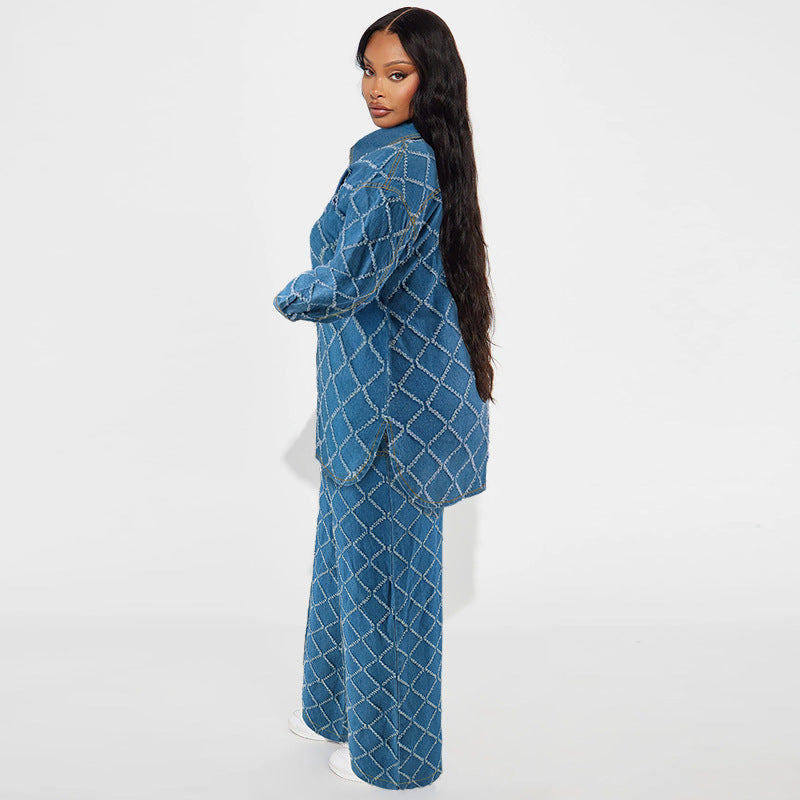 Women Denim Tassel Plaid Long Sleeve Top and Pant Two-piece Set