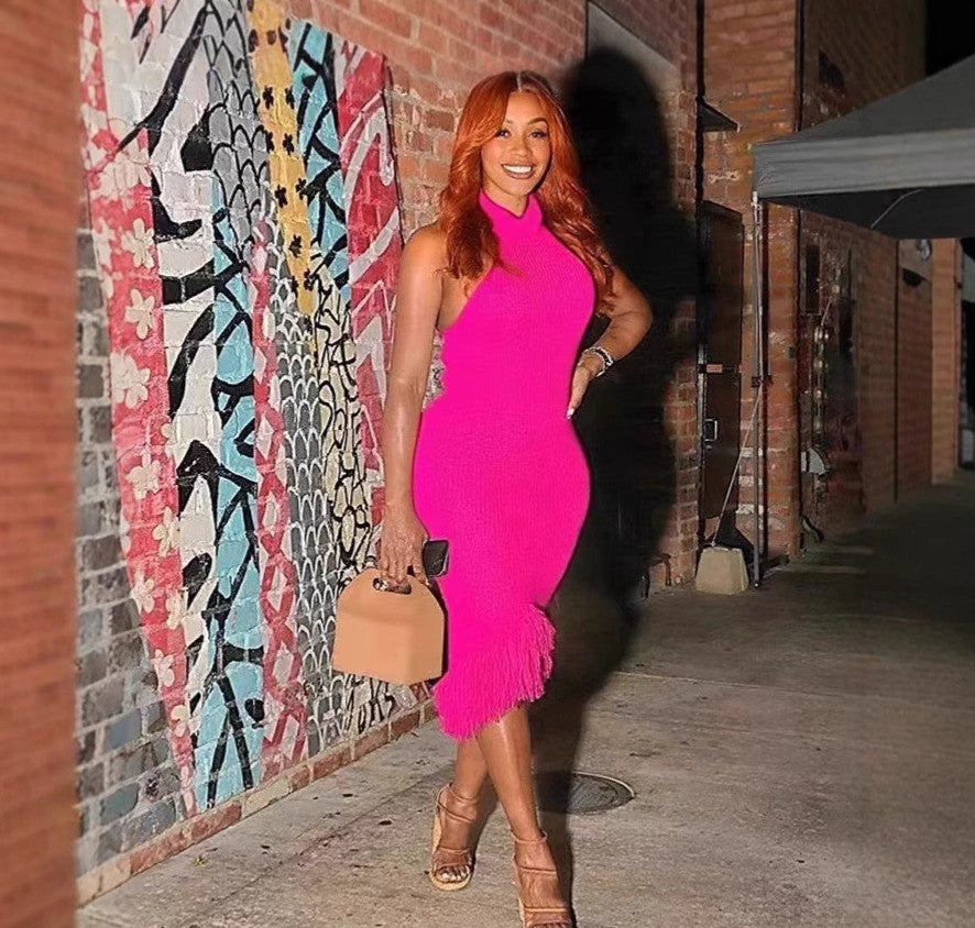 Women’s Sexy Halter Neck Low Back High-Waist Bodycon Fringe Knit Dress 5