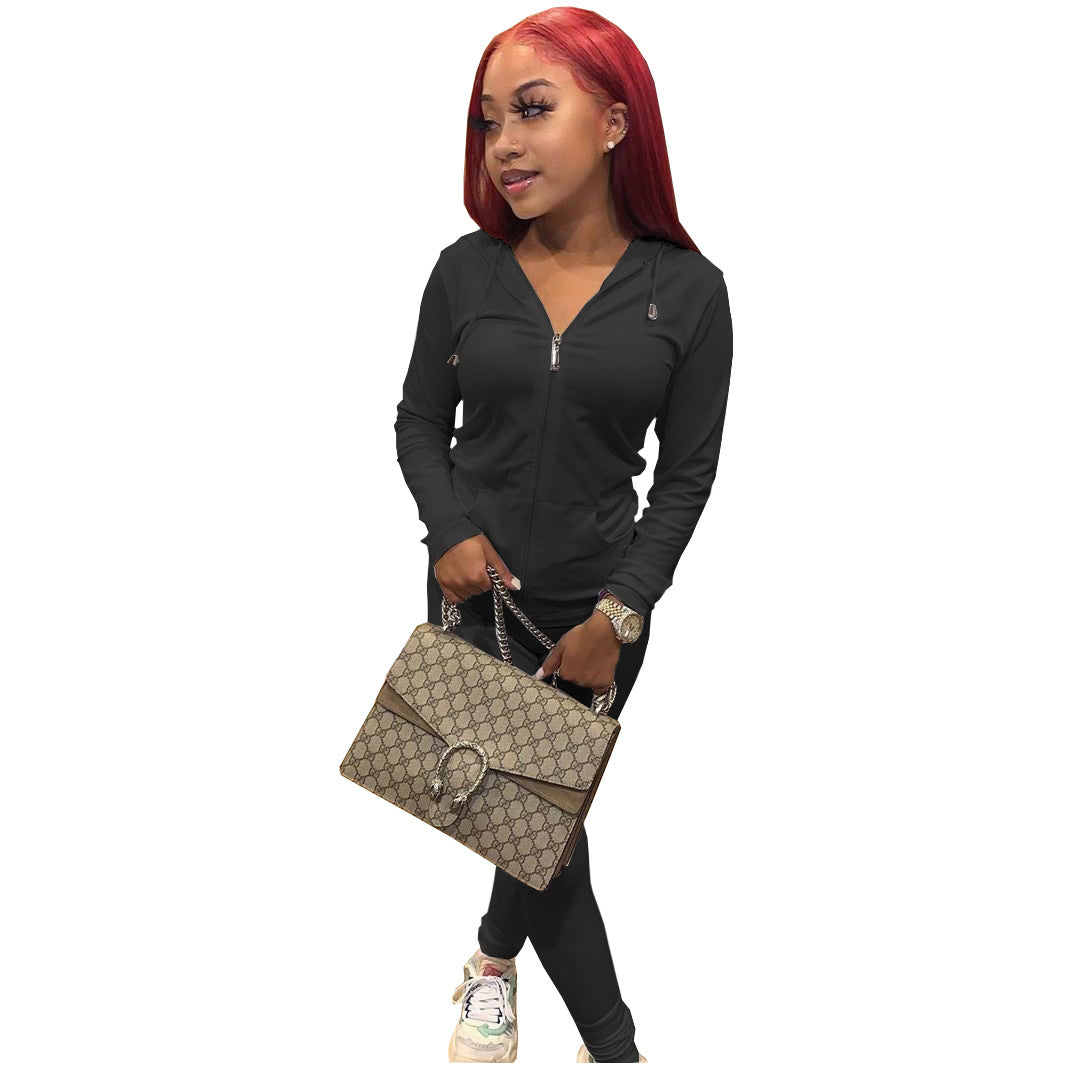 Women Summer Sports Hooded Full Sleeves Solid Pockets Regular Two Piece Pants Set 43