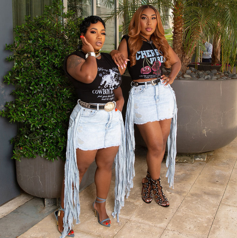 Women Sexy Denim Washed Ripped Tassel Skirt 4