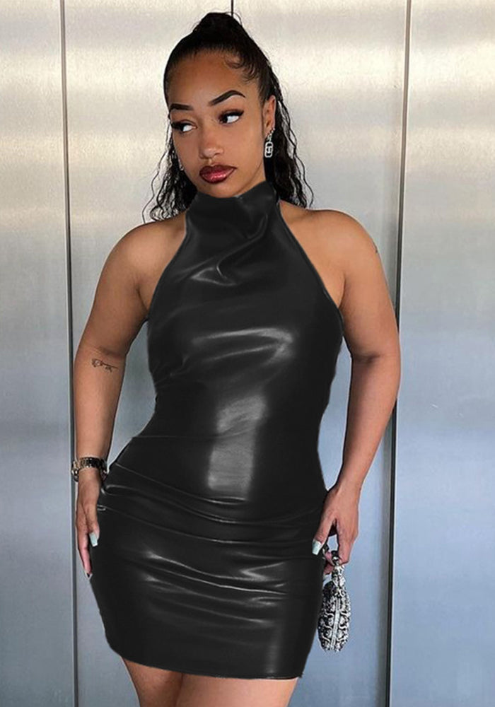 Women's Spring Summer Pu Leather Low Back Halter Neck Mini Dress