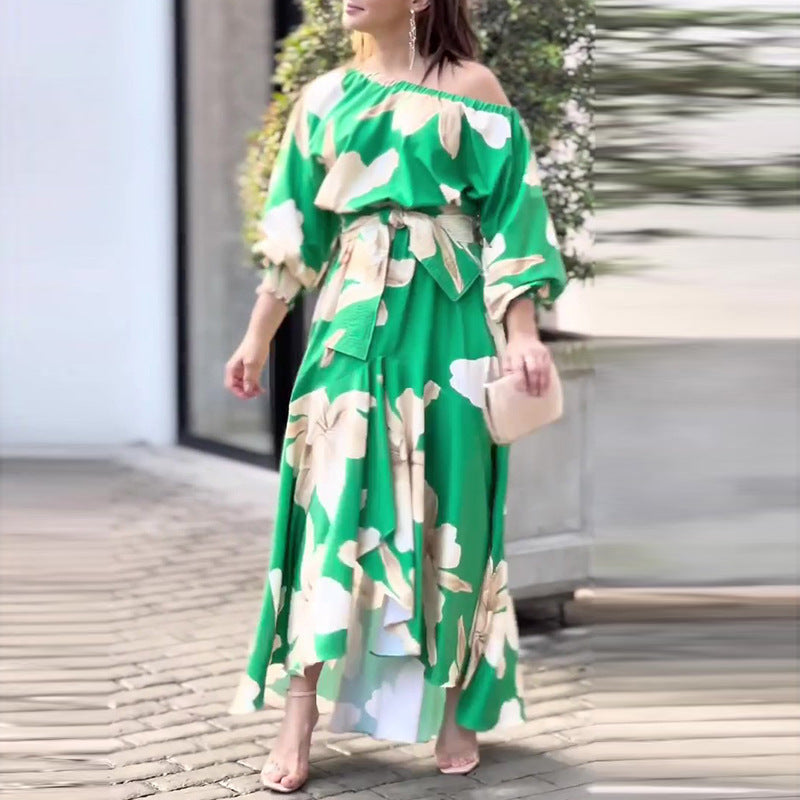 Fall Winter Women's Chic Elegant Career Print Balloon Sleeve Dress 6