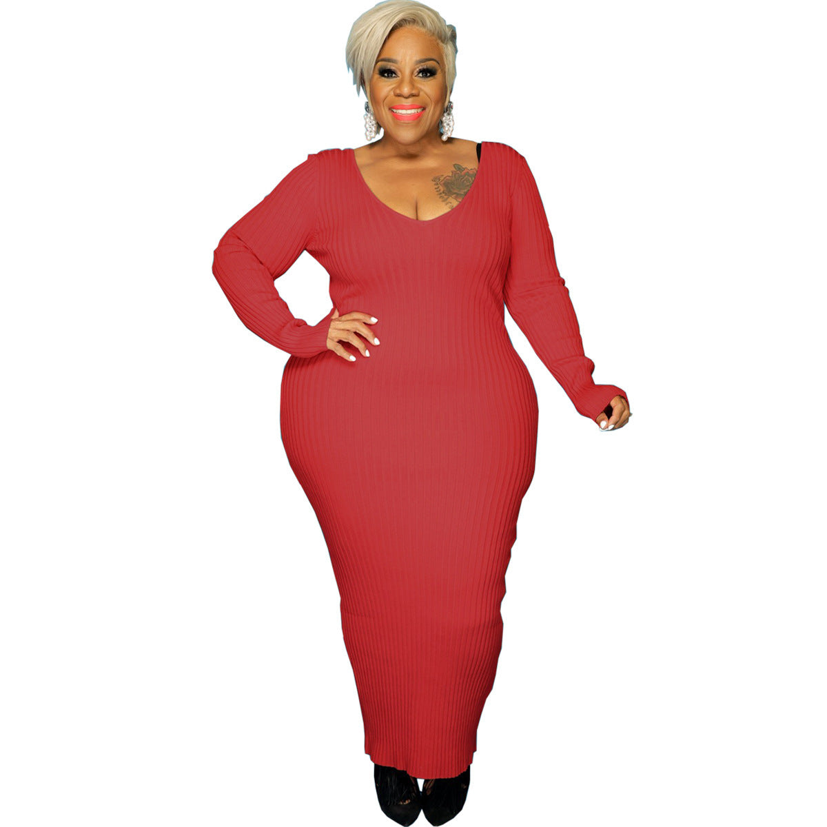 Plus Size Women Sexy Solid V-Neck Dress 10