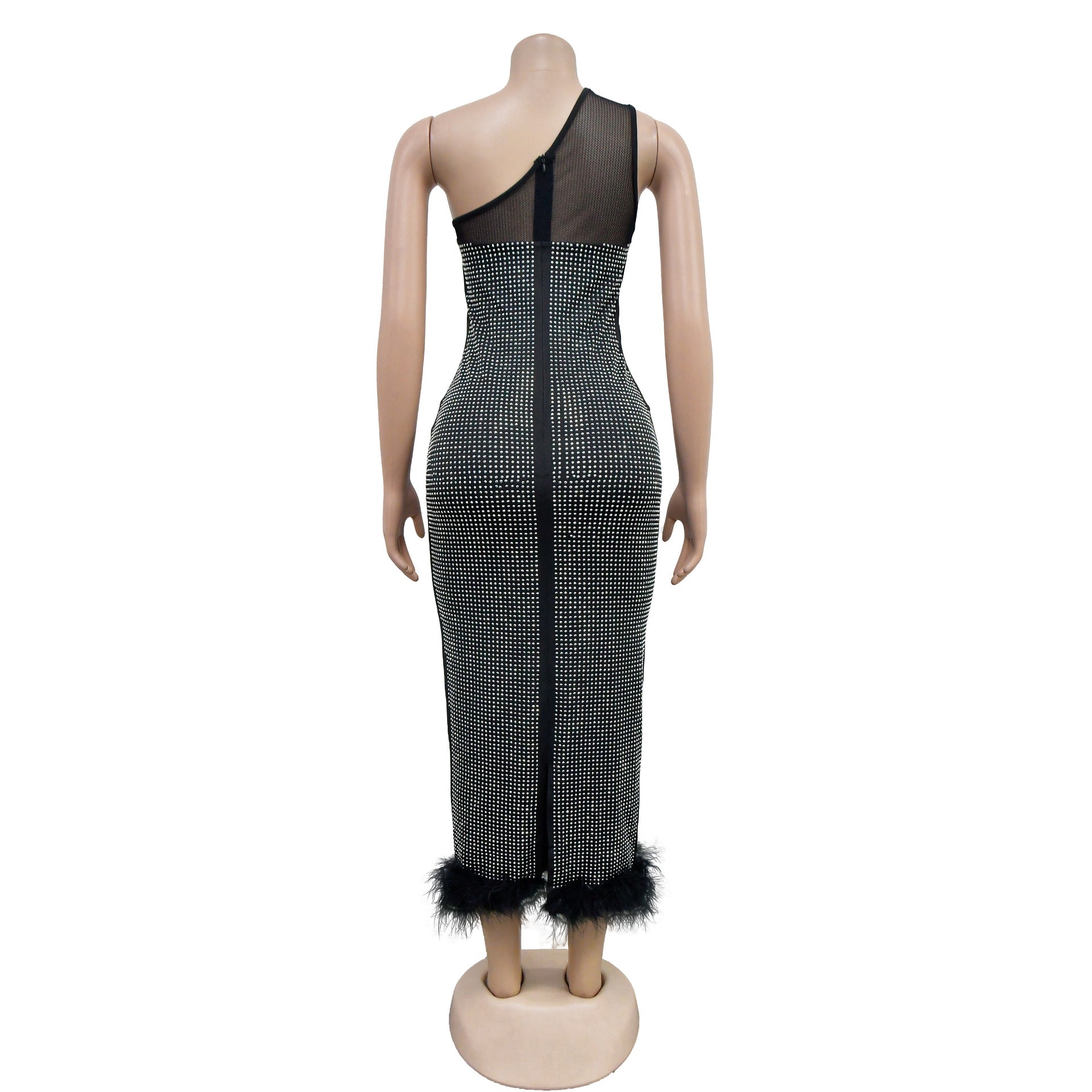 Fashion Women's One Shoulder Beaded Mesh Feather Party Dress 11