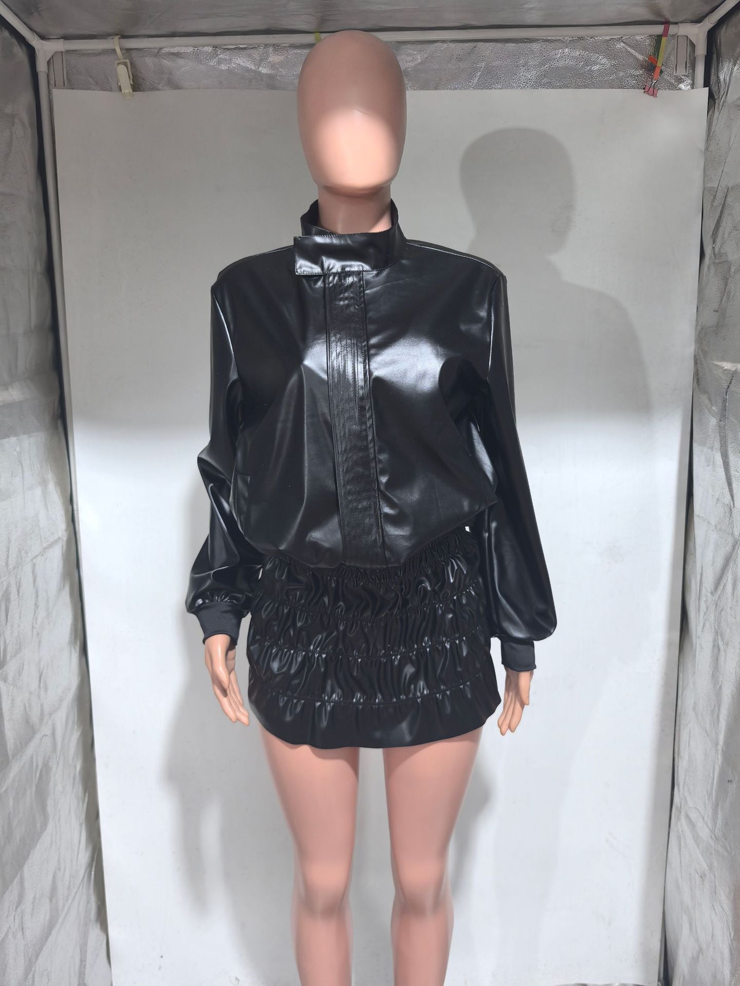 Women autumn and winter solid long sleeve Pu Leather casual stand collar skirt two-piece suit 10