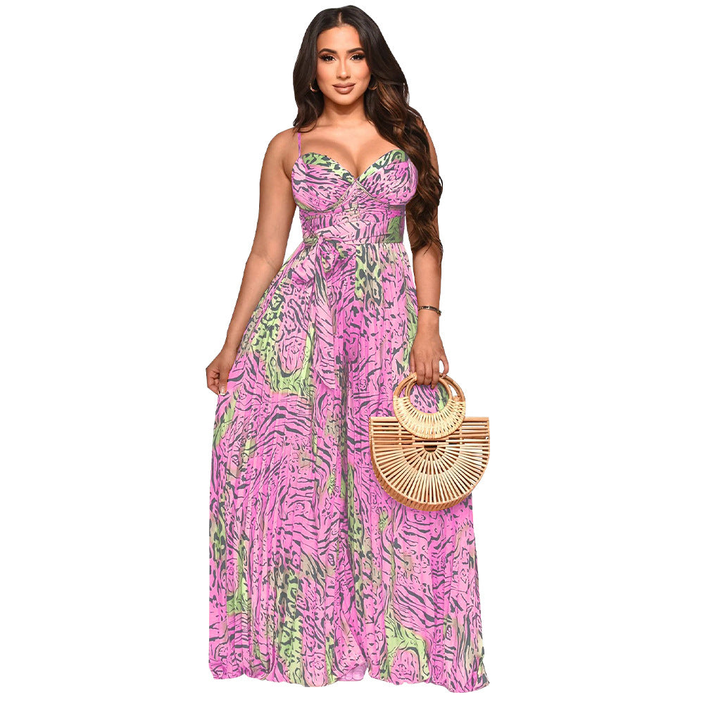 Ladies Fashion Printed Strap Pleated Jumpsuit 10
