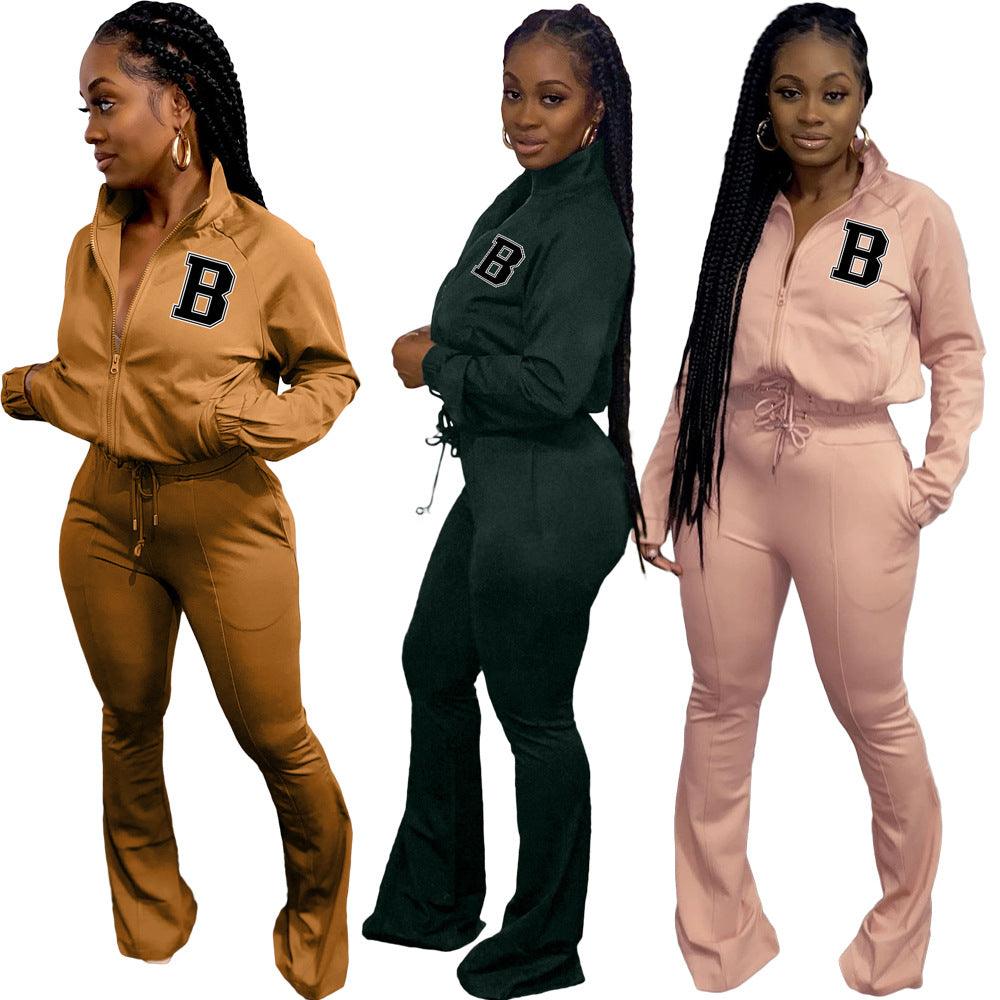 Women Sports Casual Letter B Print Zip Long Sleeve Top+ Pants Two Piece