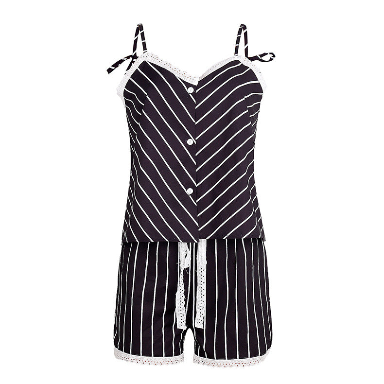 Summer Stripes Printed Strap Pajamas Two-Piece Home Clothes Set 14
