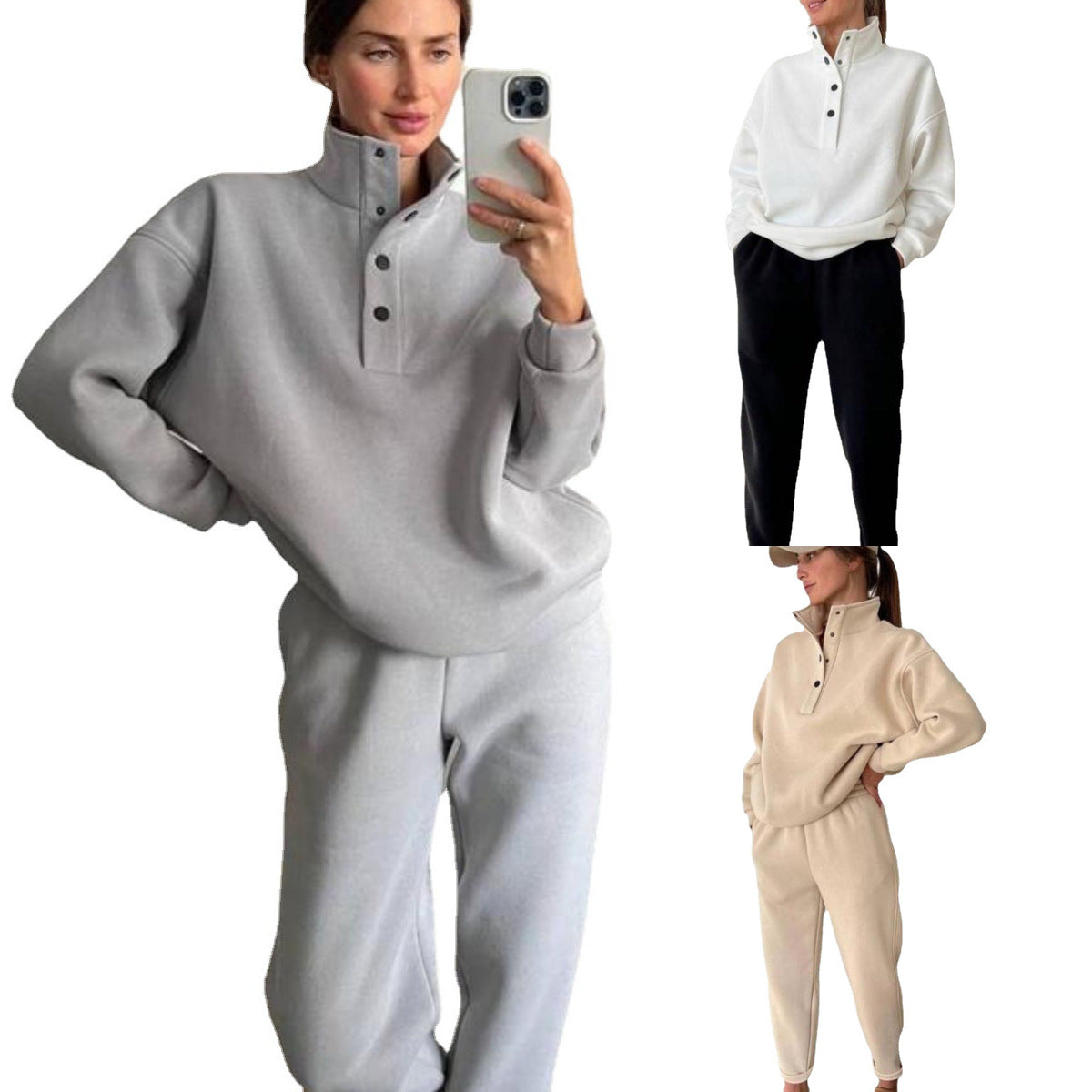 Spring And Autumn Women's Fashion Button Stand Collar Top Loose Pants Two Piece Set 8