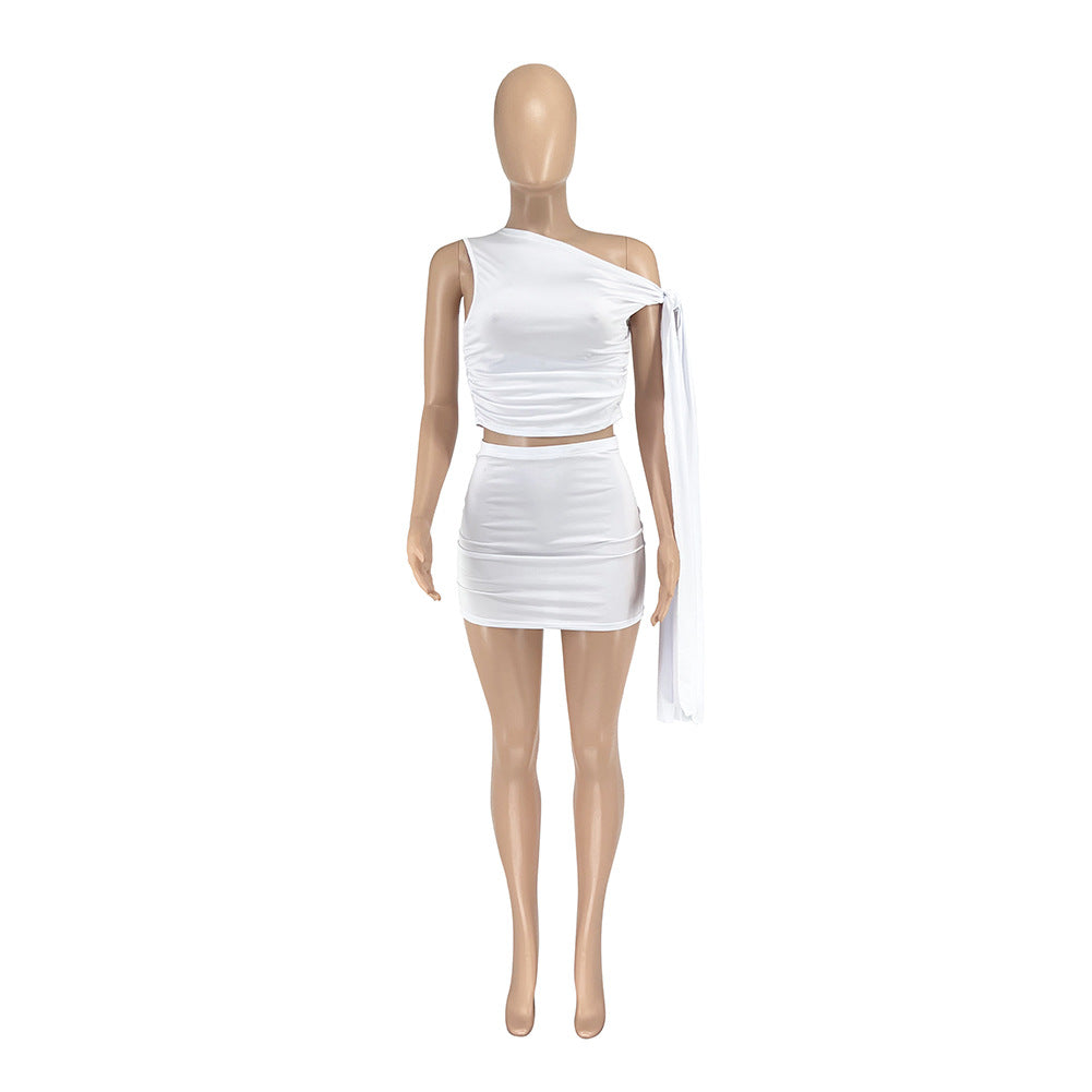 Spring Casual Solid Color Women's Slash Shoulder Lace-Up top Short Skirt Set 9