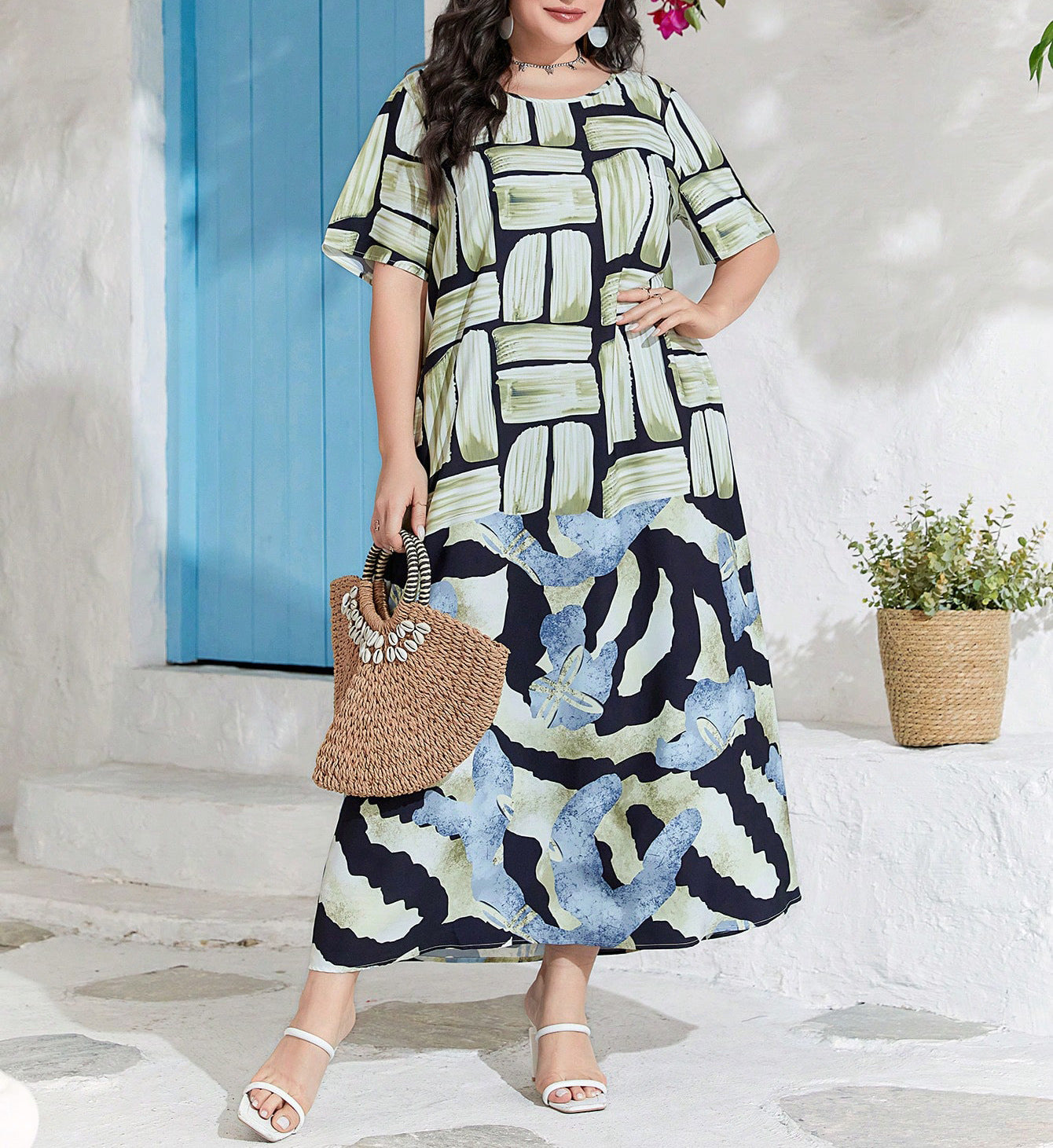 Plus Size Women's Career Chic Autumn Fashion Printed Loose Short Sleeve Long Dresses 4