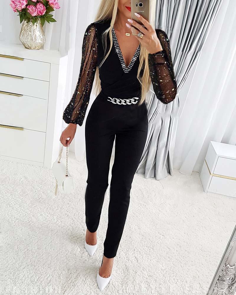 Women Fall Black V-Neck Chain Jumpsuit 3