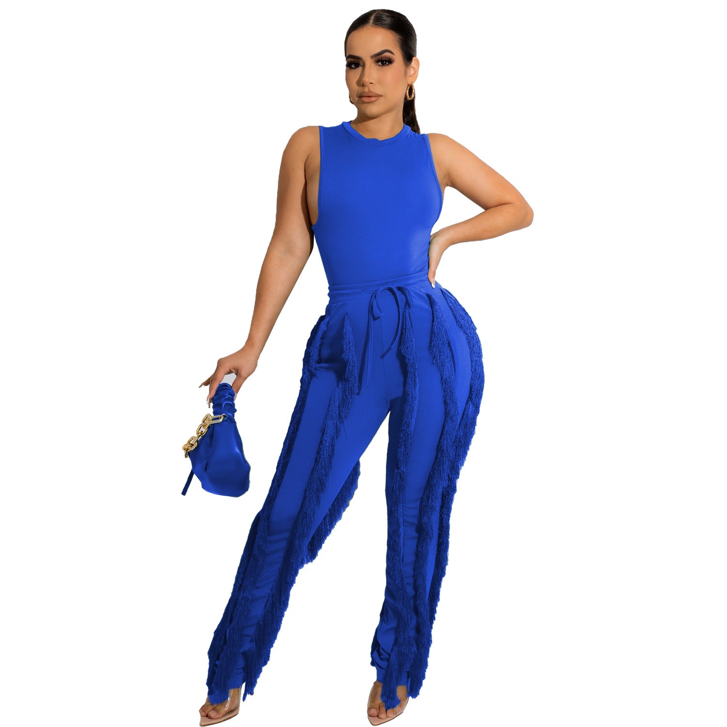 Women's Two Piece Tassel Pants Sleeveless Casual Two Piece Set 6