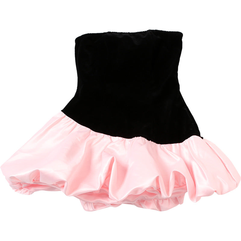 Winter Women's Strapless Velvet  Patchwork Puffy Short Dress 8