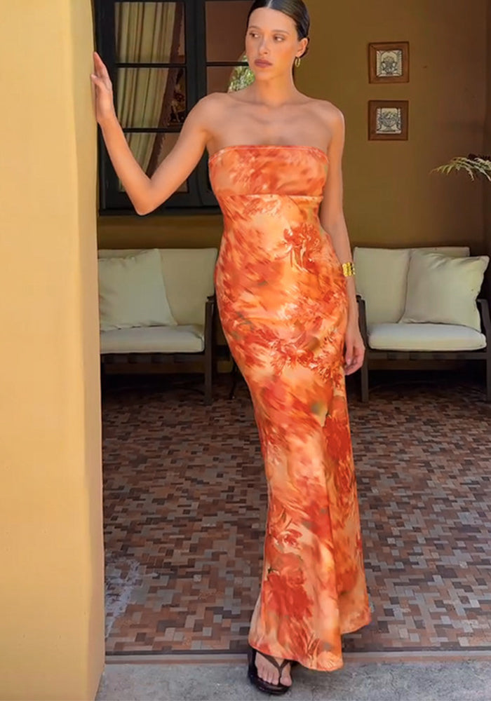 Sexy Strapless Slim Waist Bodycon Floral Dress Chic Holiday Maxi Dress