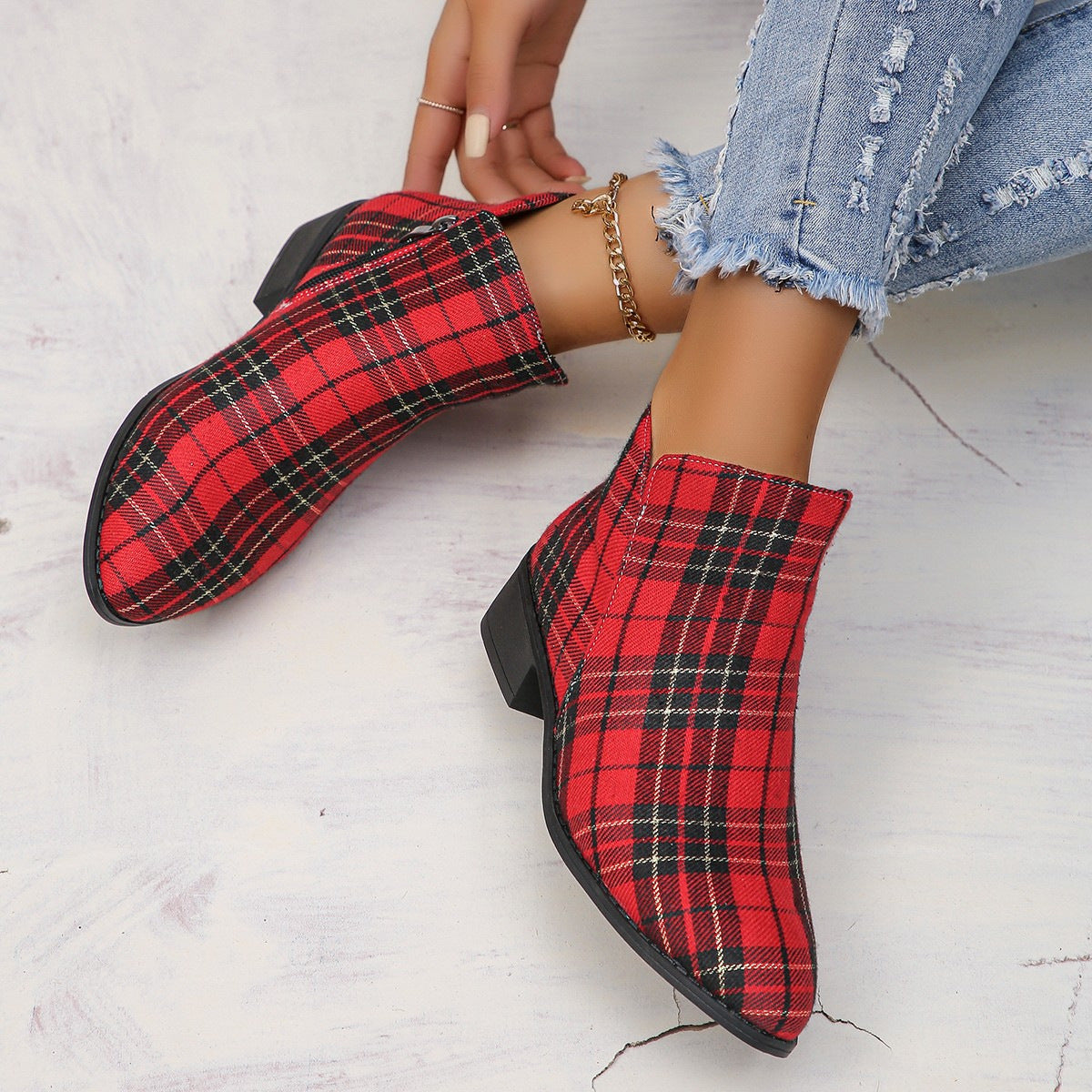 Women Vintage Red Plaid Fashion Boots 7