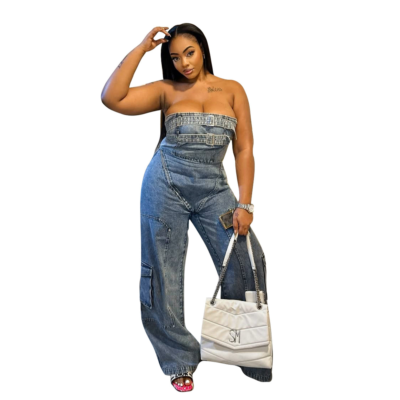 Spring/Summer Women’s Streetwear Strapless High-Waist Denim Jumpsuit 4