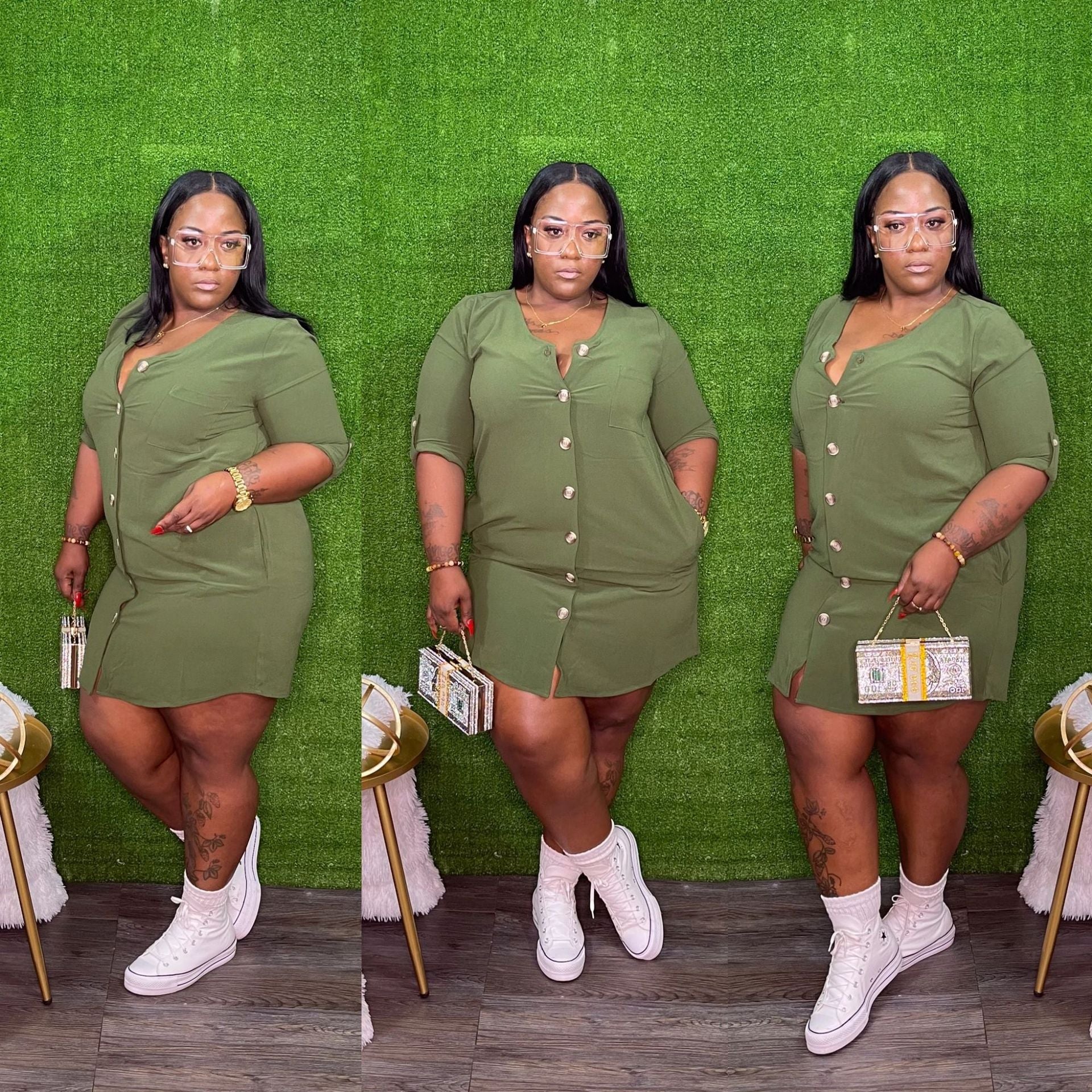 Plus Size Women Solid Loose Pocket Dress 3