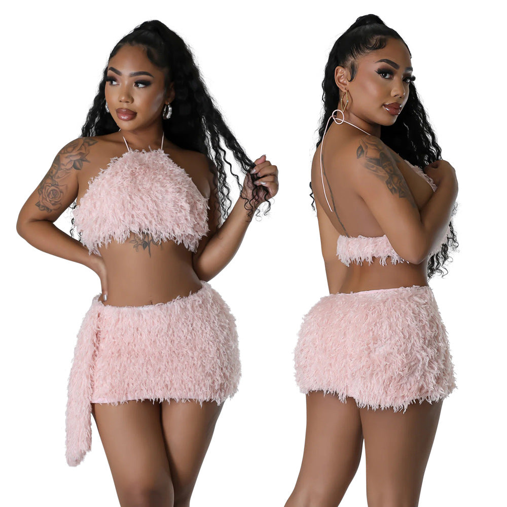 Fashionable Solid Color Halter Crop Top Mini Skirt Two-Piece Set 3